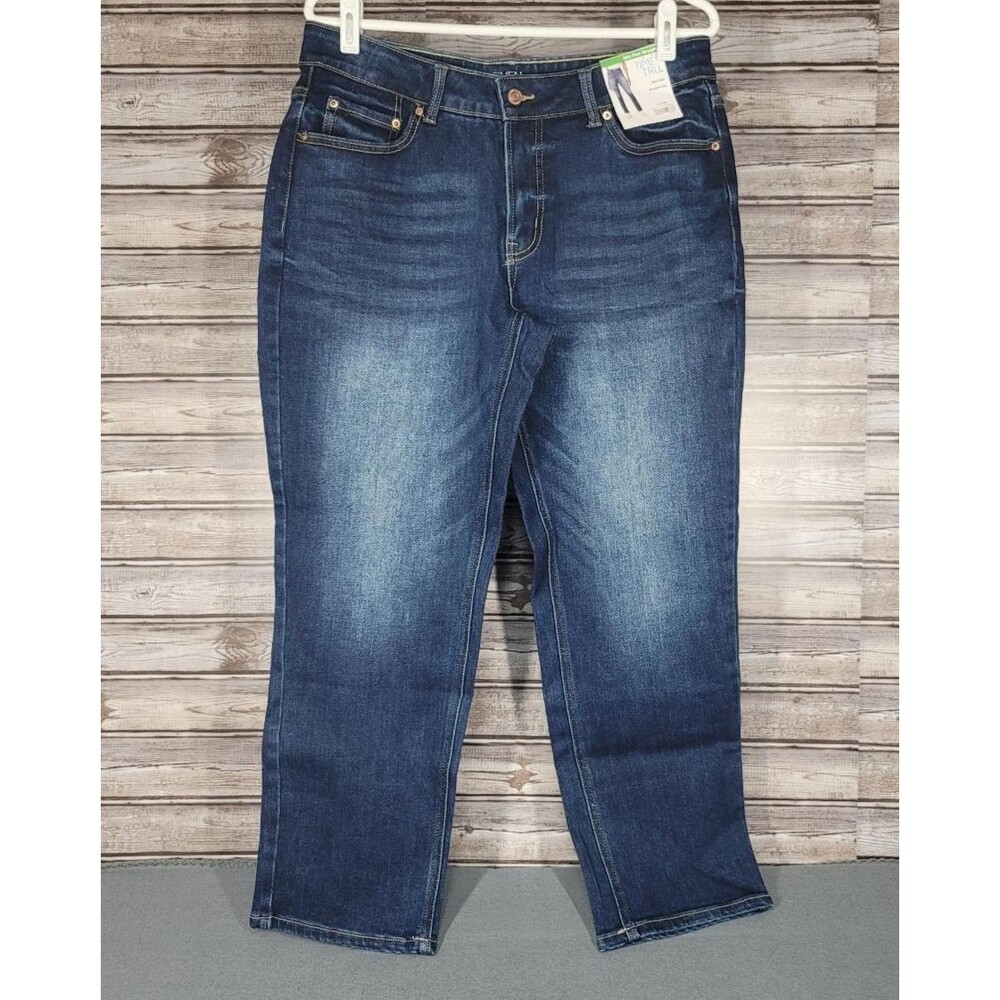 Womens Time And Tru Size 12 Short Mid Rise Straight Dark Wash Stretch Jeans NEW